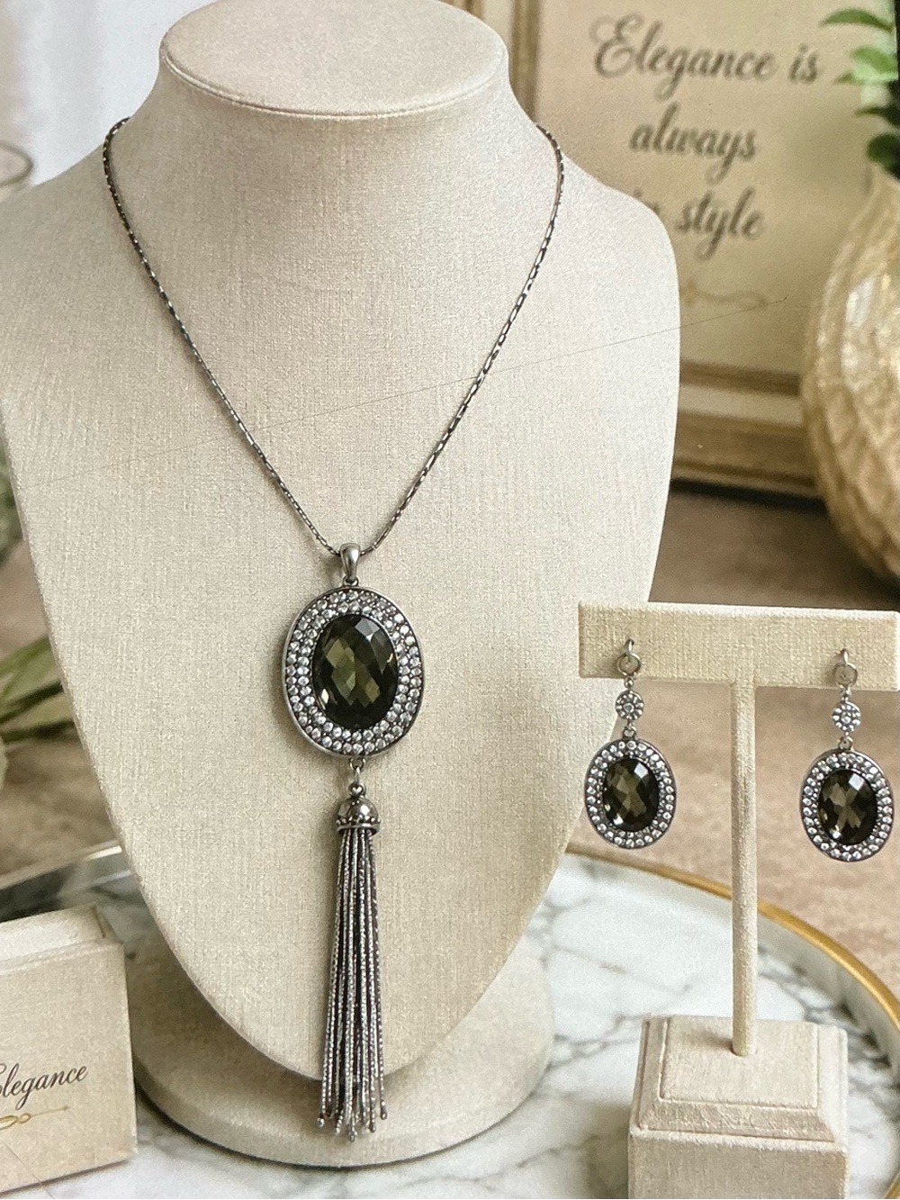 Olive Green Faceted Pendant Tassel Necklace & Earrings Set